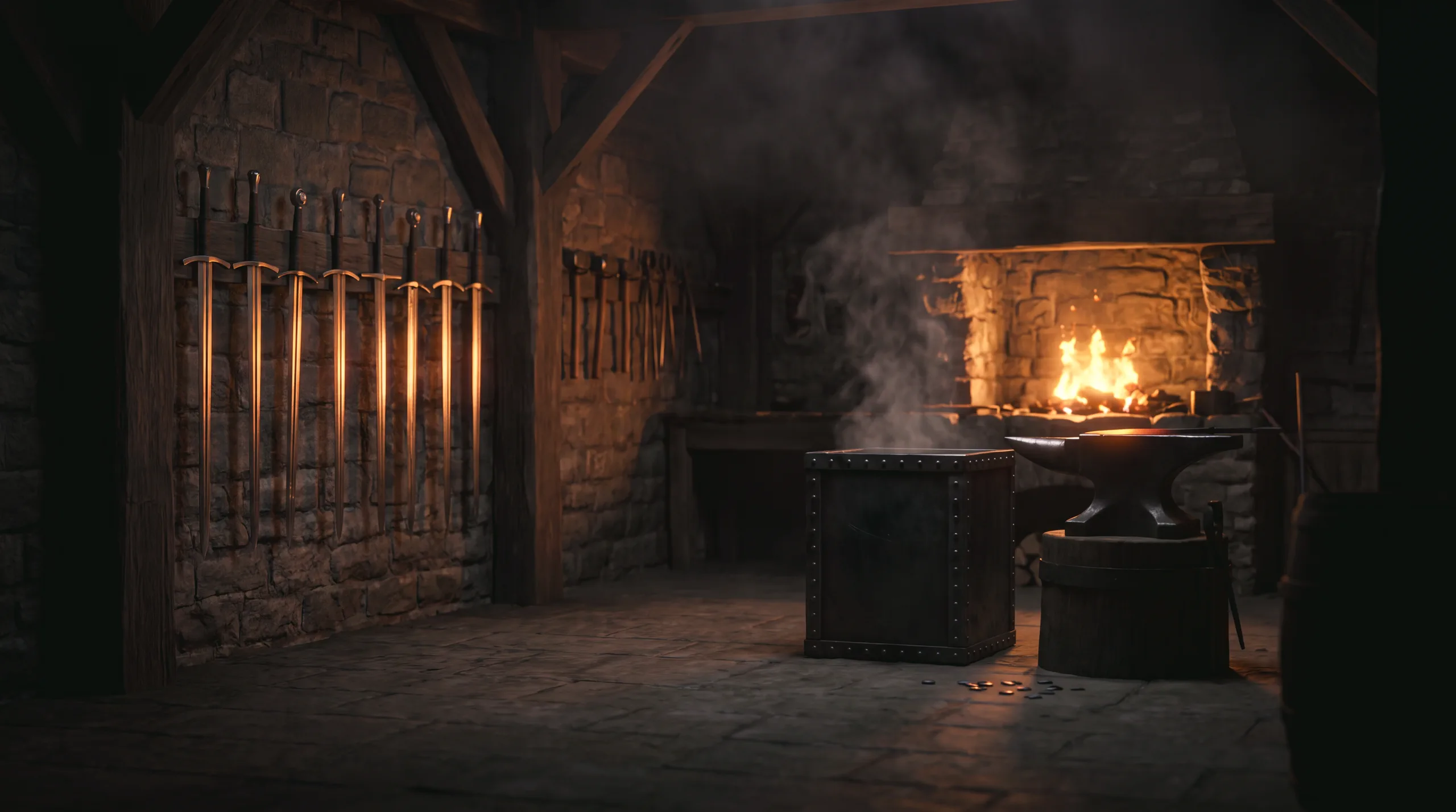 The empty night workshop: finished swords on the wall catching the forge light