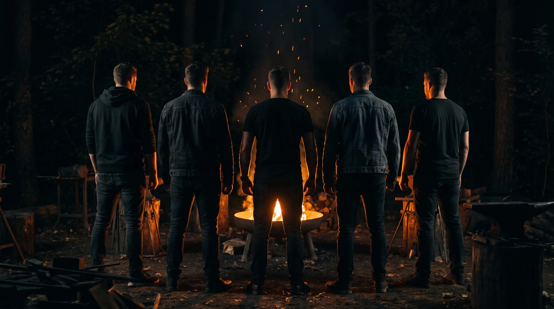 Men standing together around the glow of a forge fire at night