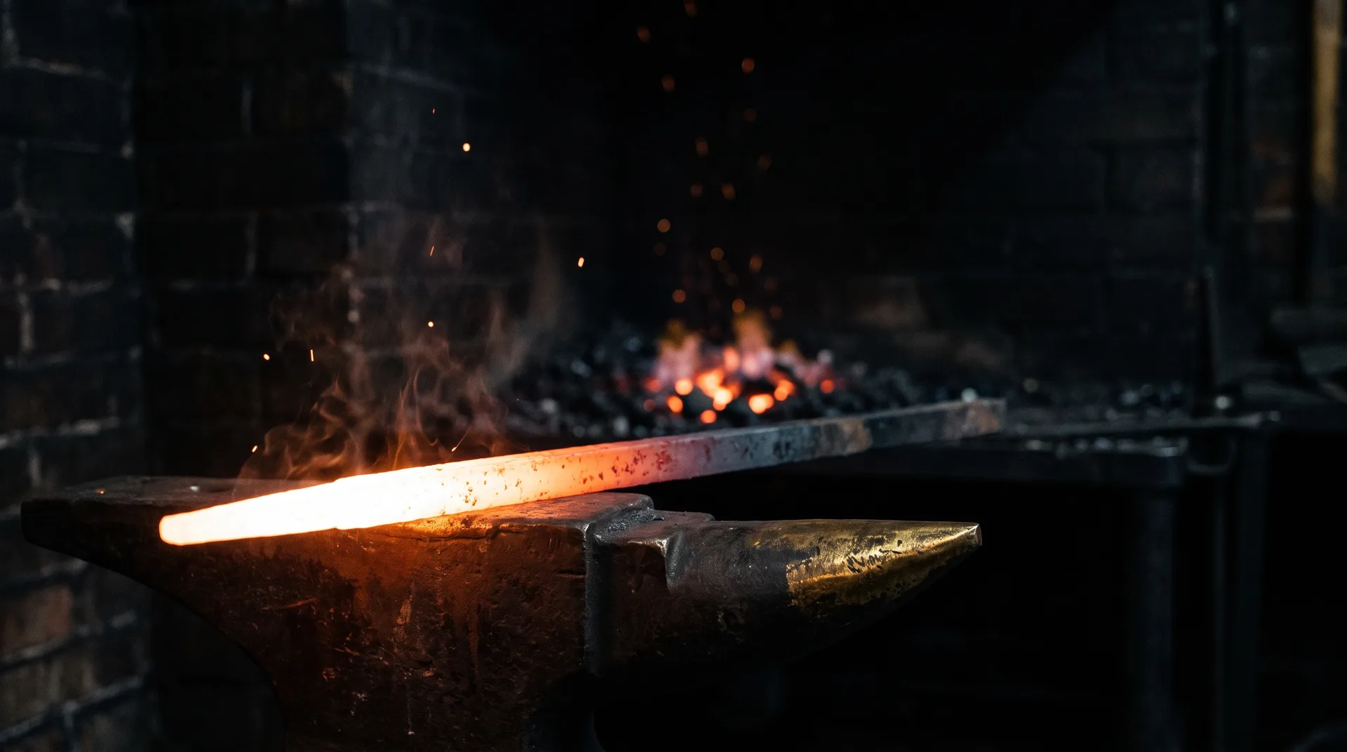 A bar of steel at white heat resting on an anvil, sparks lifting from it, a bed of coals glowing behind.
