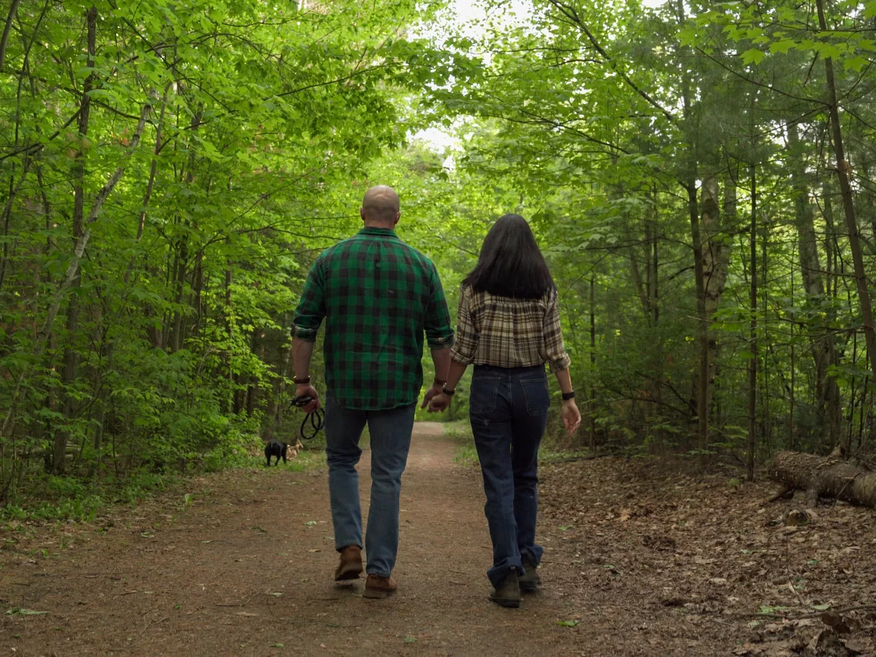 Two people walking a forest trail together on a spring morning.