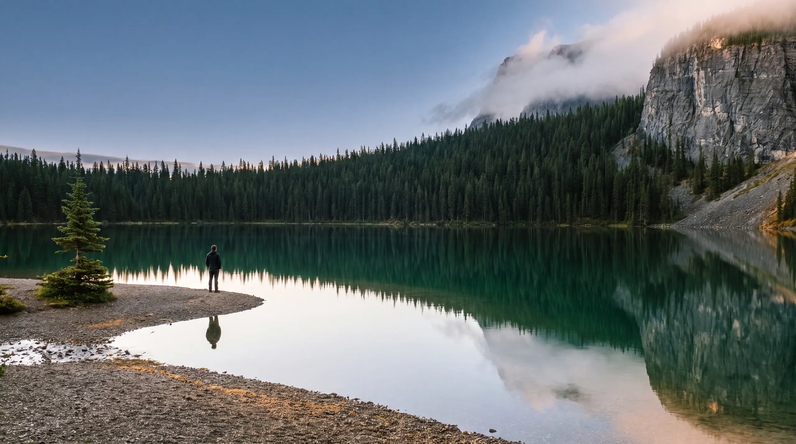 A man stands alone at the shore of a still emerald mountain lake at dawn, the forest and the rock face reflected in the water